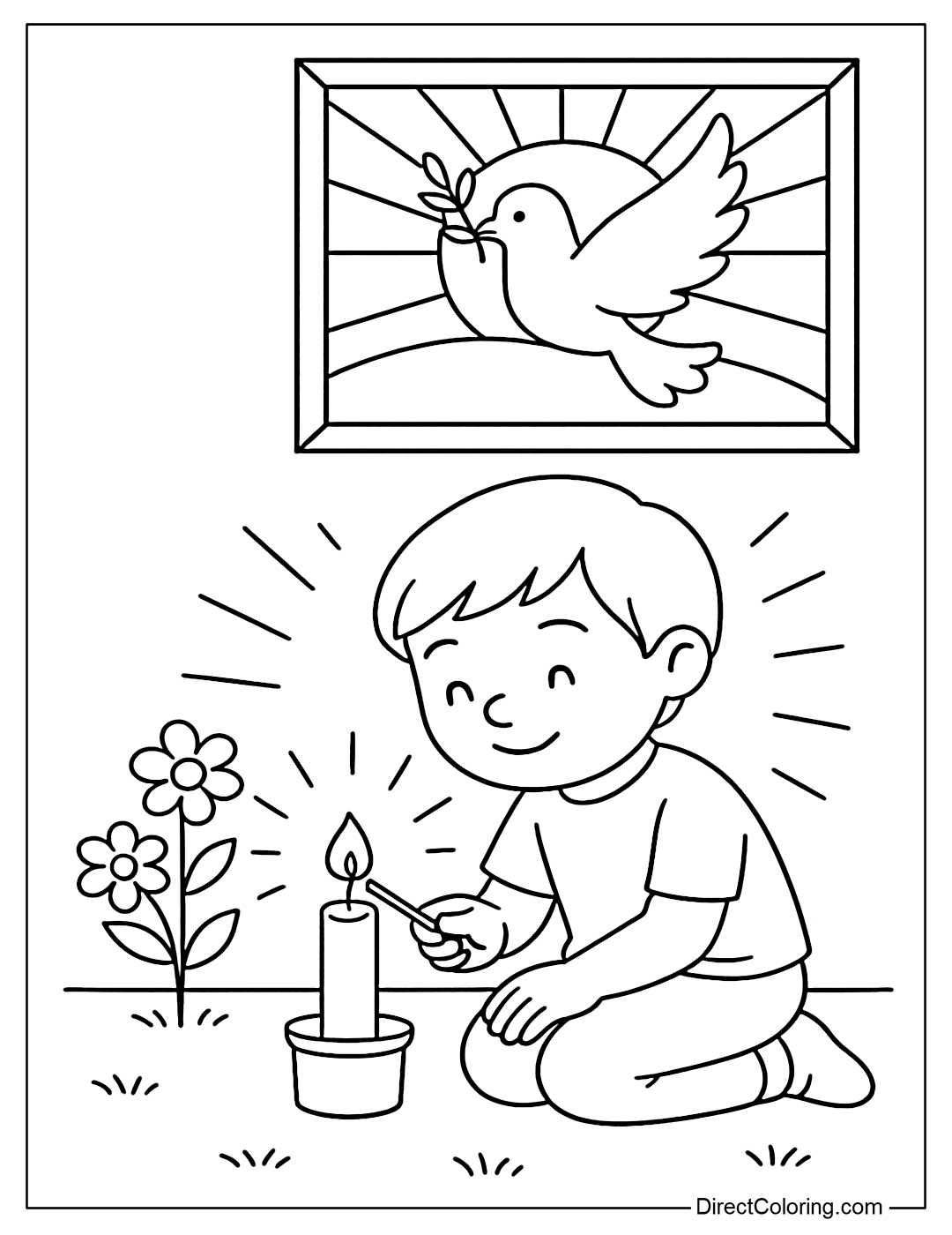 Coloring page of a child lighting a candle under a picture of peace, with flowers and soft light.
